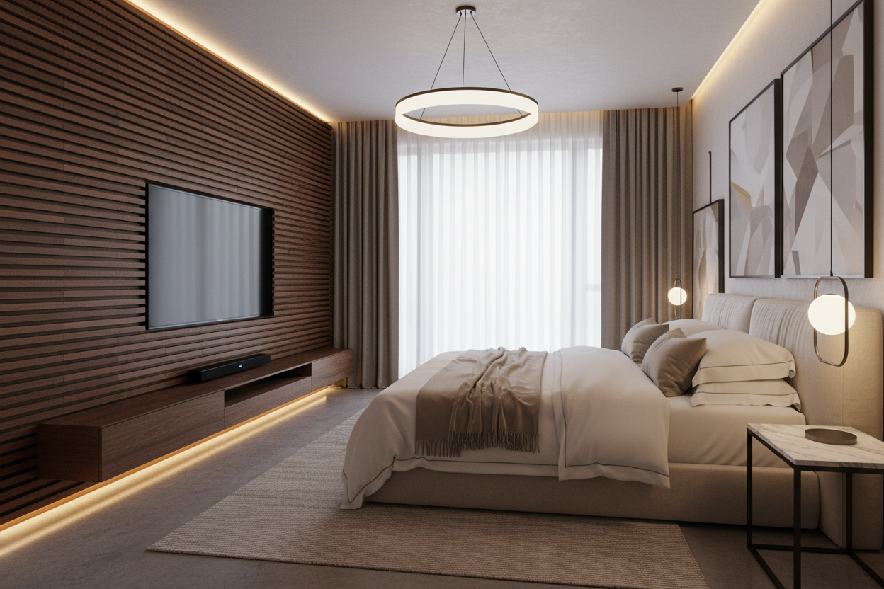 Luxury bedroom TV mounted on textured slotted wall