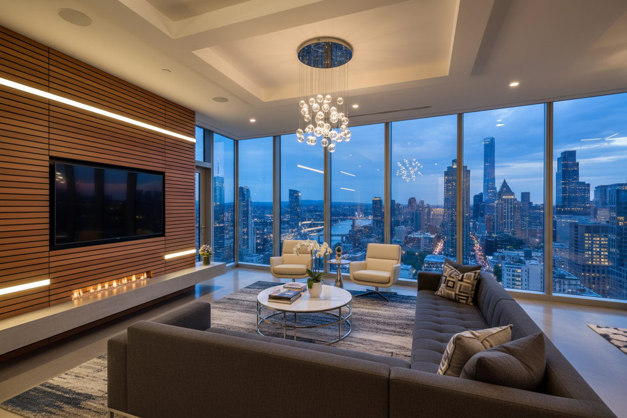 TV mounted on slotted wall in luxury high-rise apartment
