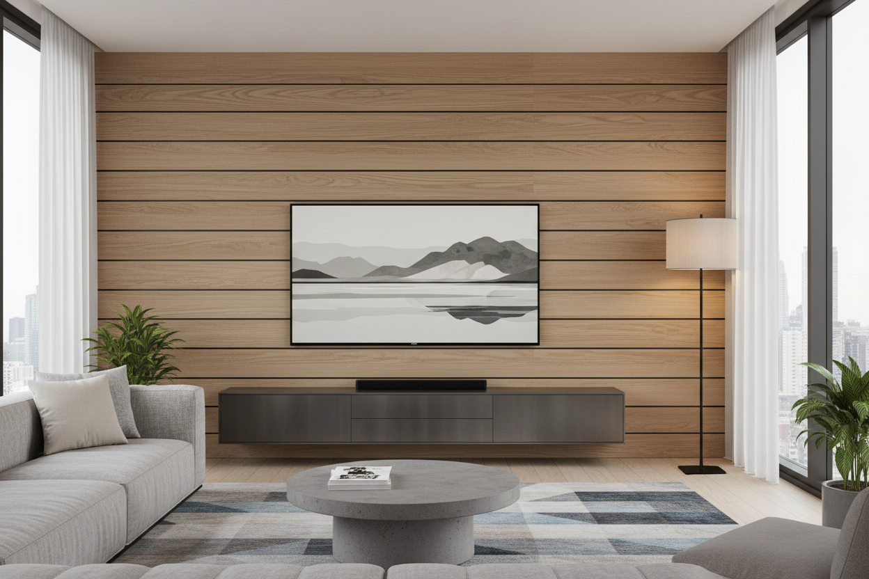 TV mounted on slotted wall panels